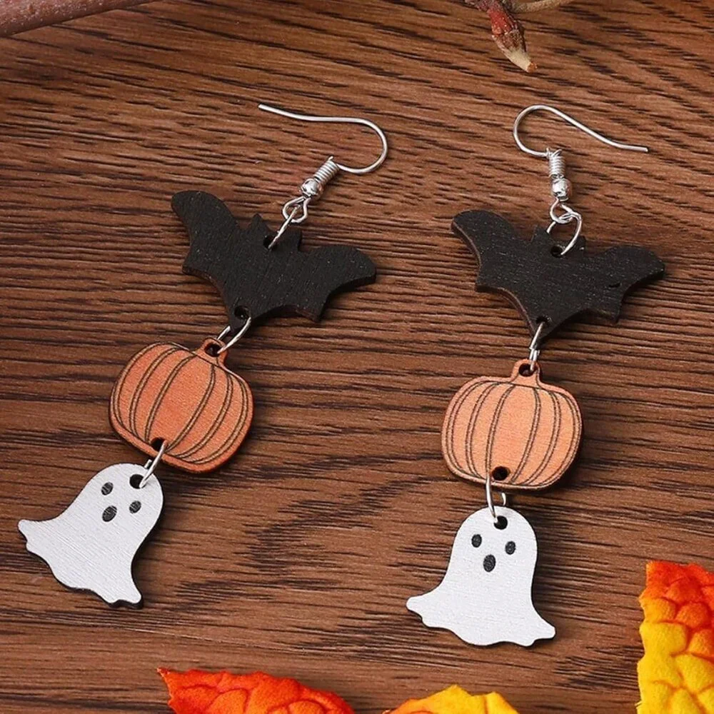 Women's Bat Pumpkin Ghost Halloween Black Bat Dangle Earrings Boo Cute Pumpkin